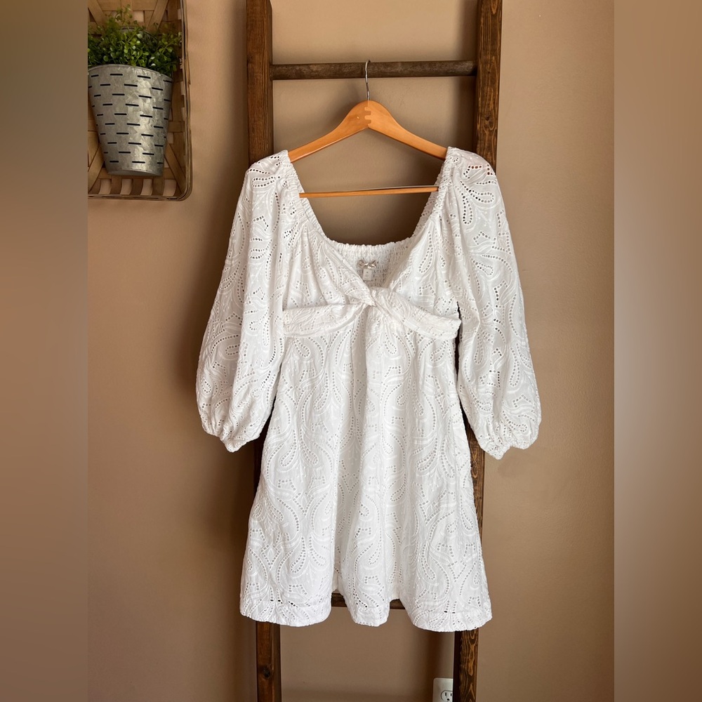 Banana Republic Cotton White Eyelet Puff-Sleeve Mini Dress